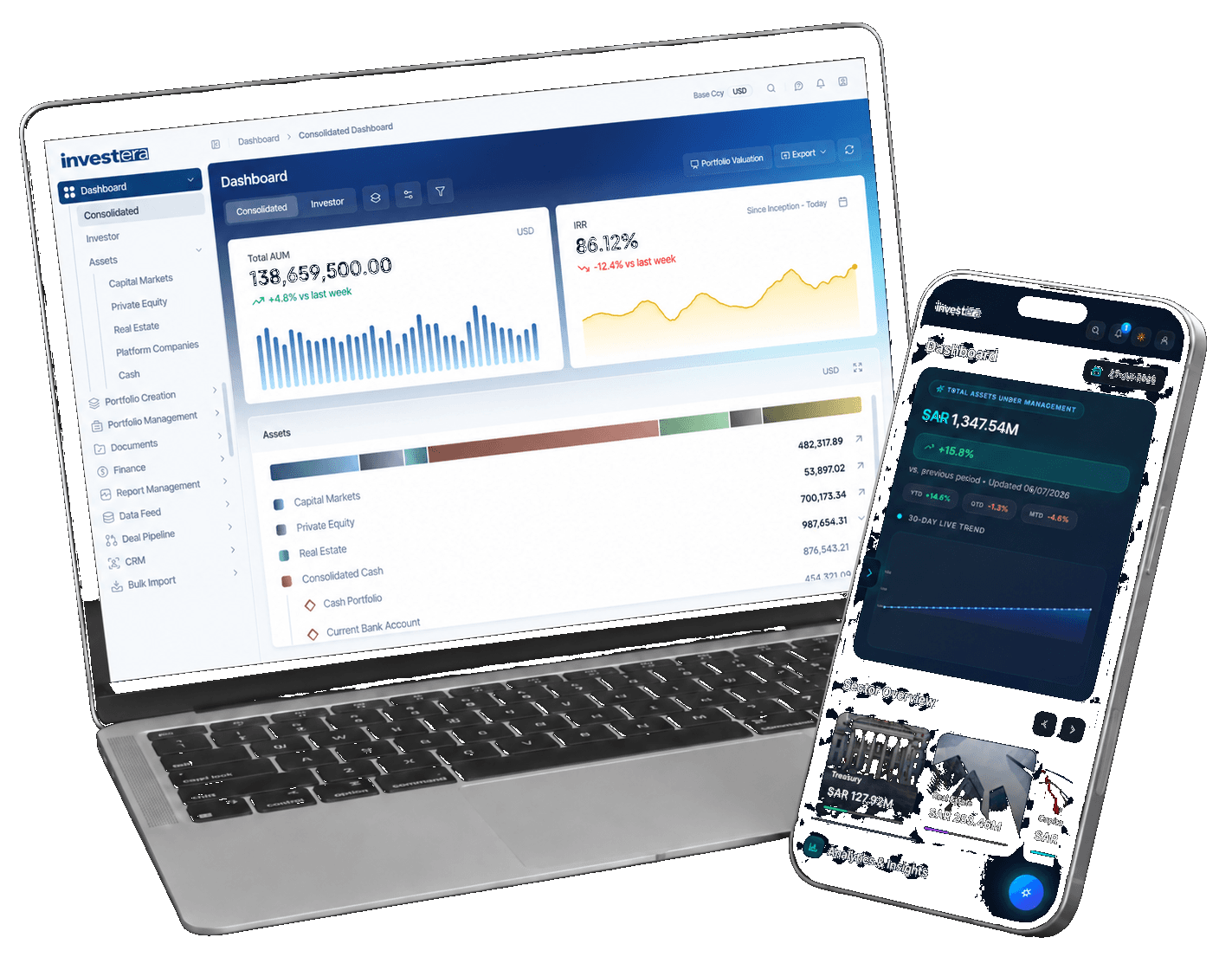 Investera dashboard on a laptop and smartphone showing portfolio performance