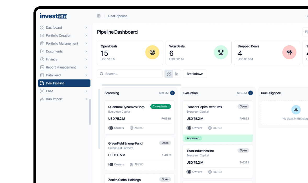 Portfolio and deal management interface with investment dashboards