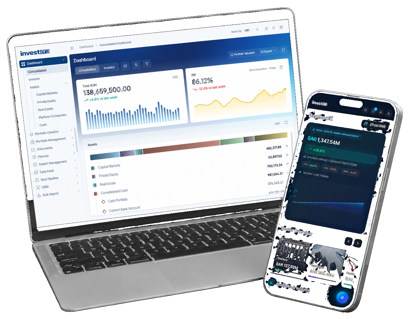 Investera dashboard on a laptop and smartphone showing portfolio performance